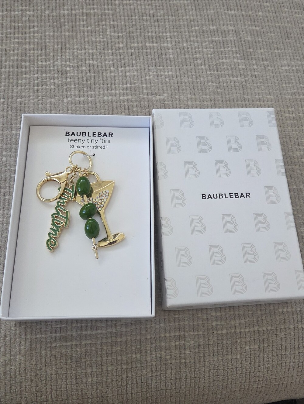 BaubleBar Green Martini Charm Key & Bag Charm with Gold Hardware